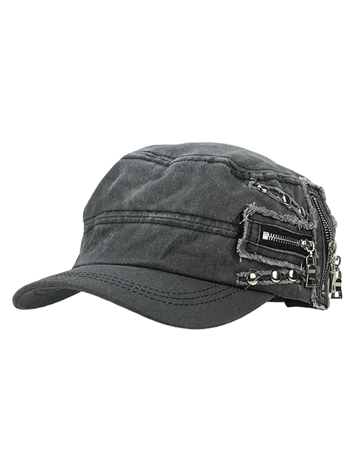 Washed Rivet Zipper Flat Top Cap