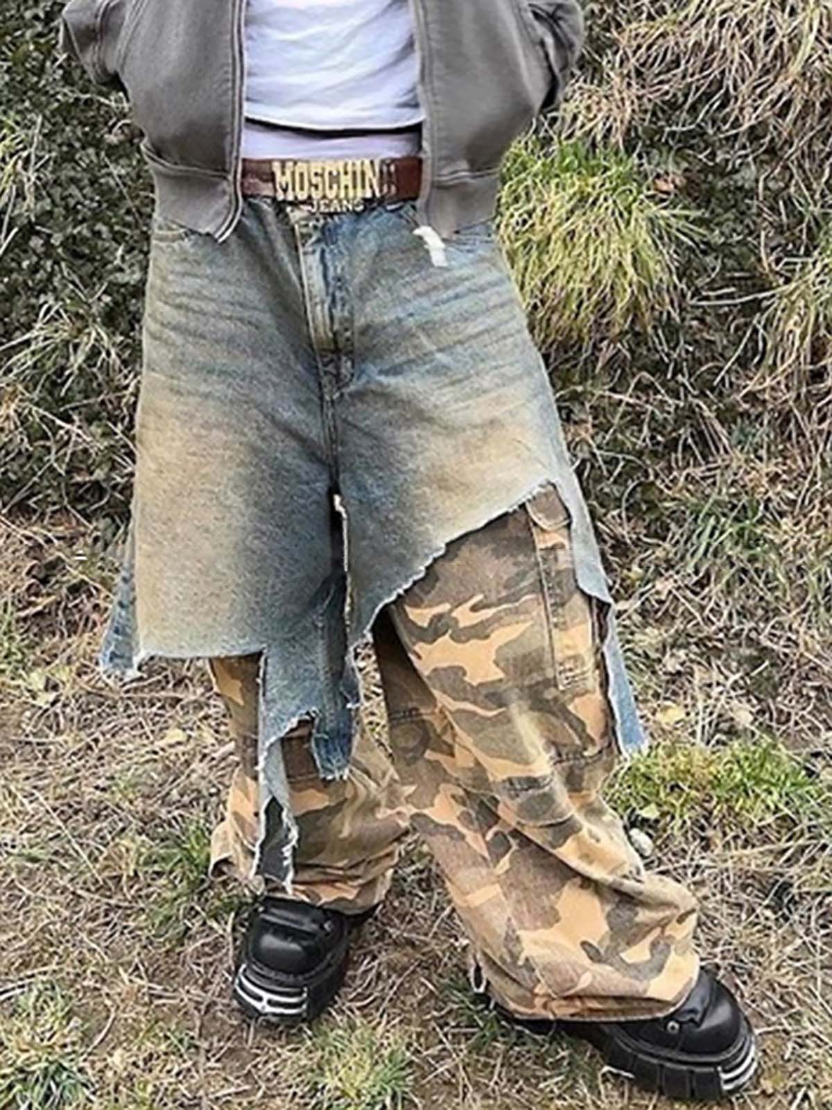 Retro Stitching Faux Two-Piece Camouflage Jeans