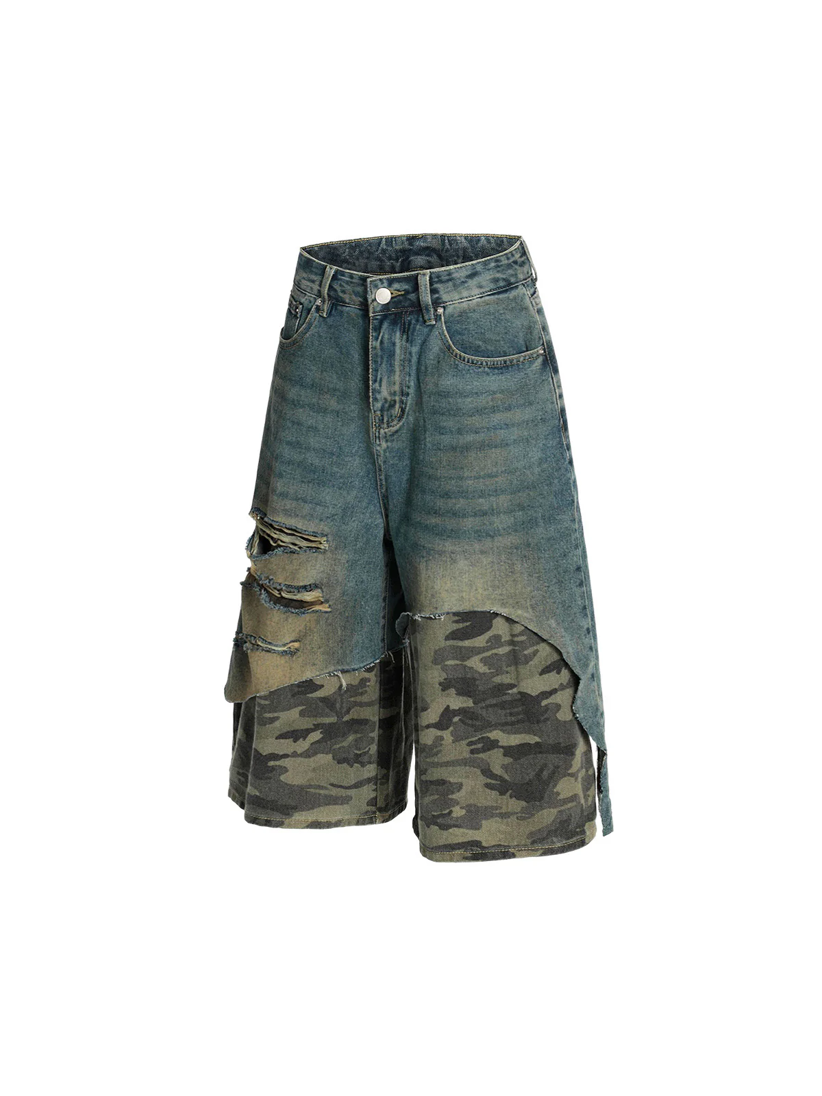 Distressed Camouflage Hem Denim Shorts