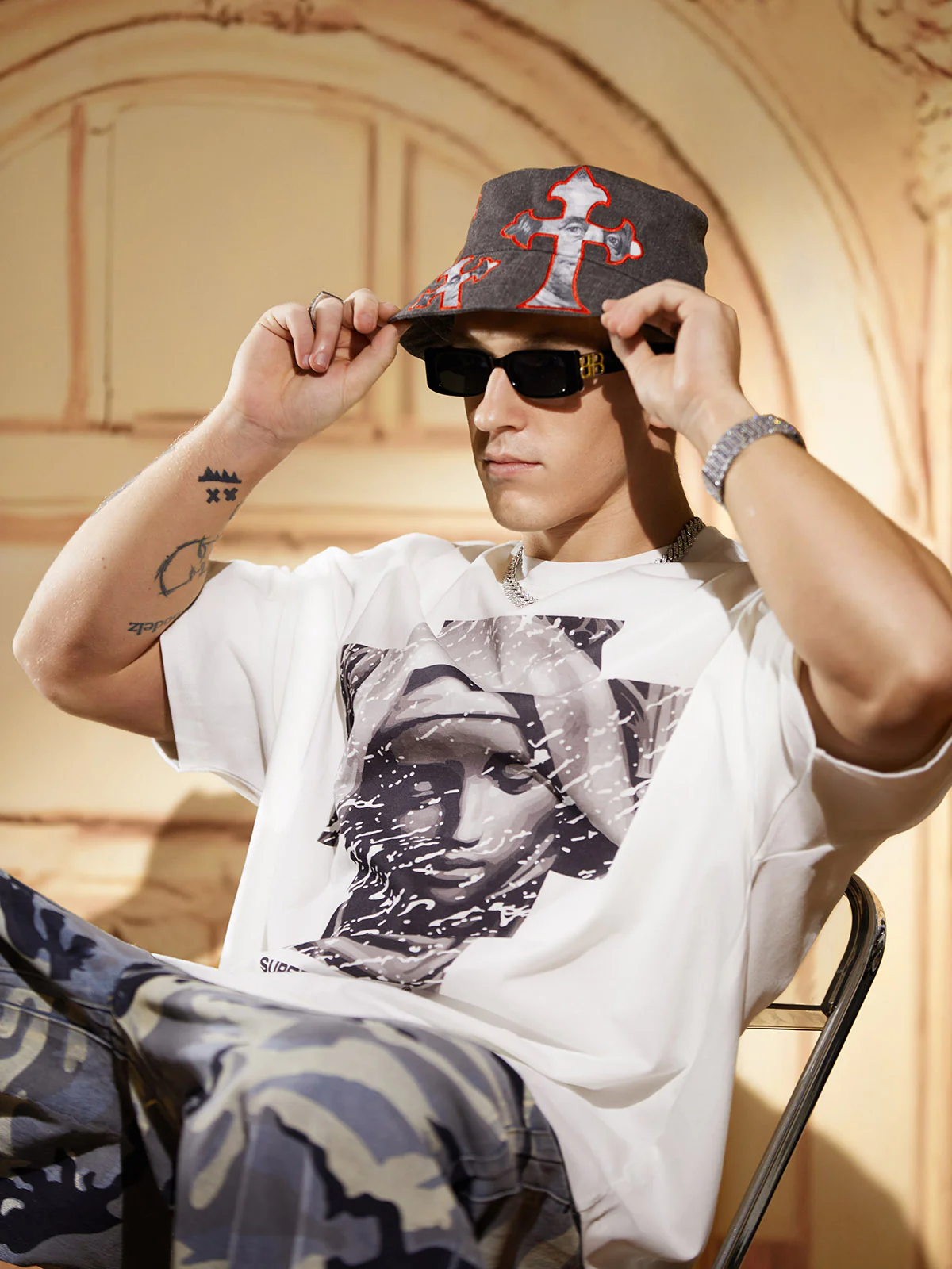 Cross And Portrait Denim Bucket Hat