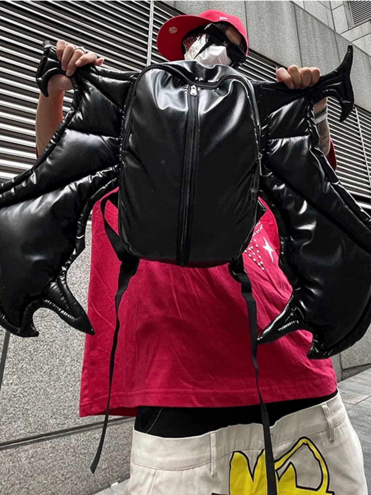 PU Leather Bat Wing Double Zipper Backpack