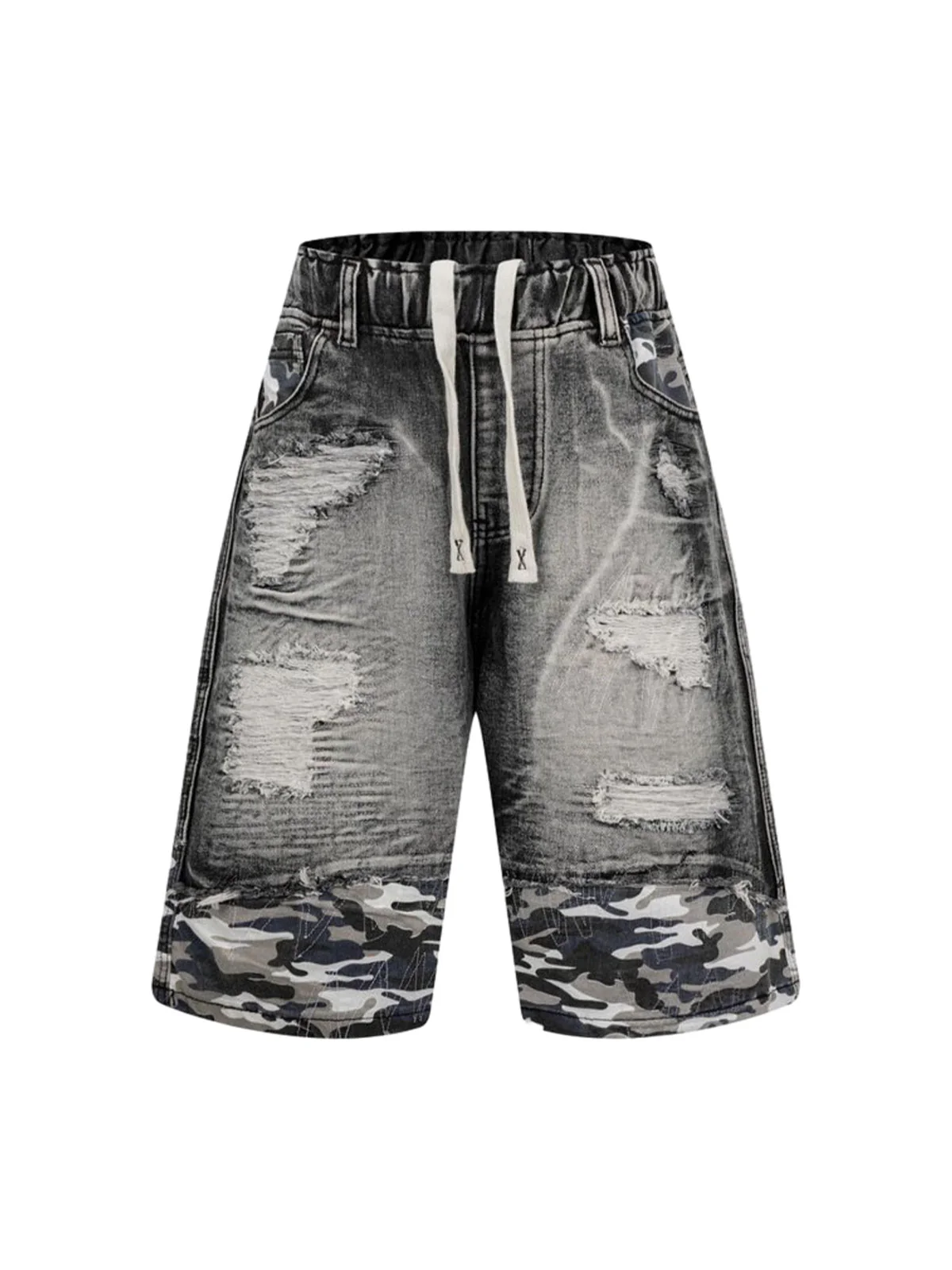 Distressed Camouflage Denim Shorts