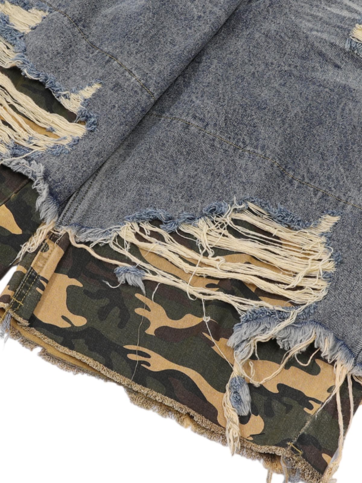Thesupermade Patchwork Camouflage Ripped Shirt Jorts Denim Suit