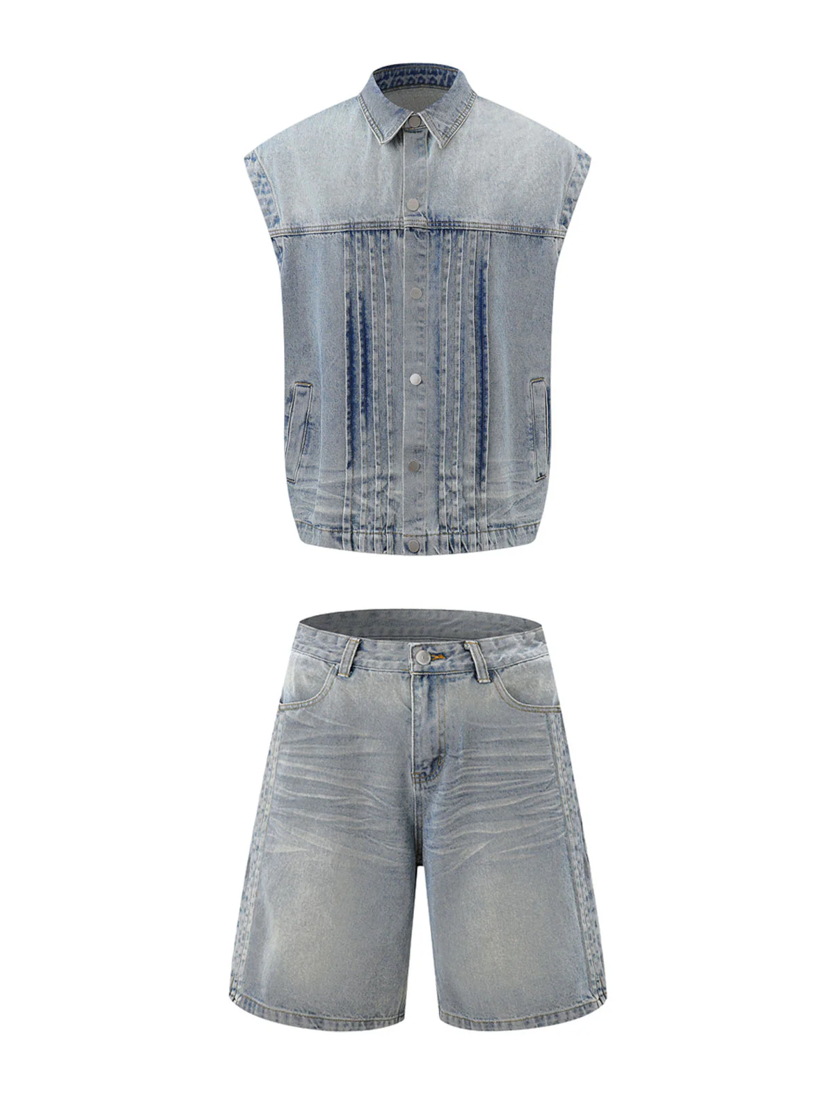 Distressed Washed Pleated Vest Jorts Denim Suit