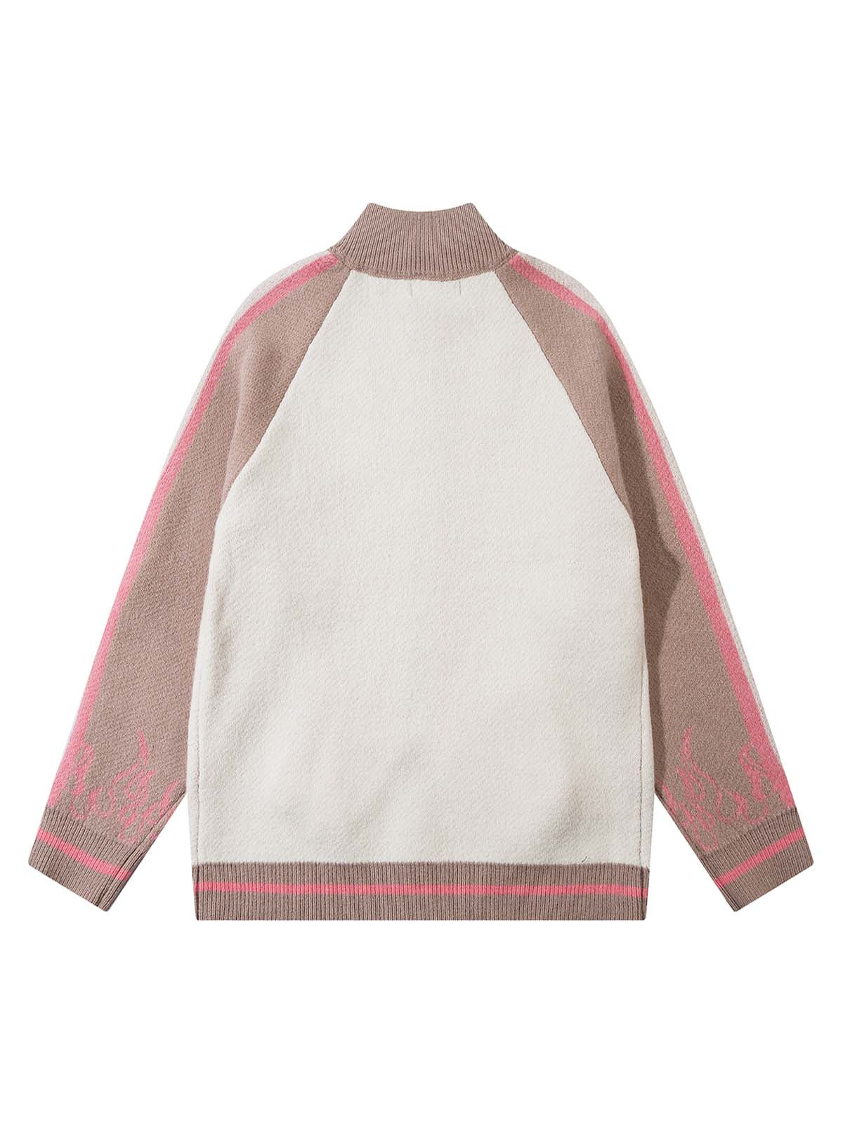 Thesupermade Contrast Color Jacquard Mock Neck Zipper Sweater