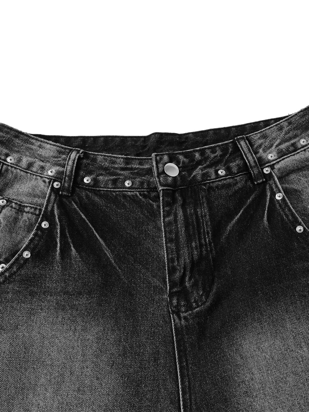 Washed Distressed Rivet Denim Cropped Jorts