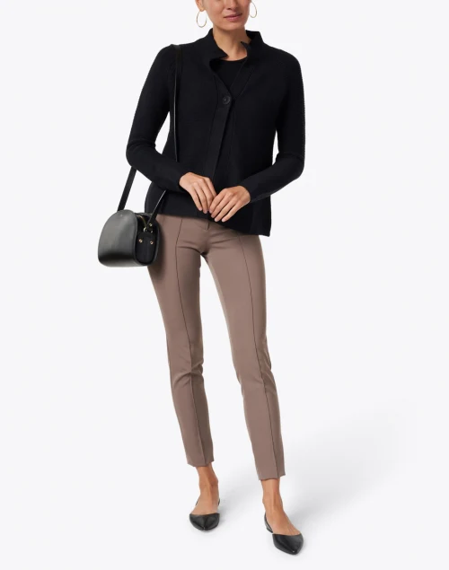 Black Scoop Neck Elbow Sleeve Stretch Viscose Top