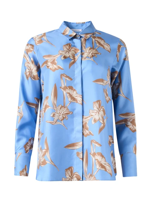 Blue Floral Print Silk Blouse