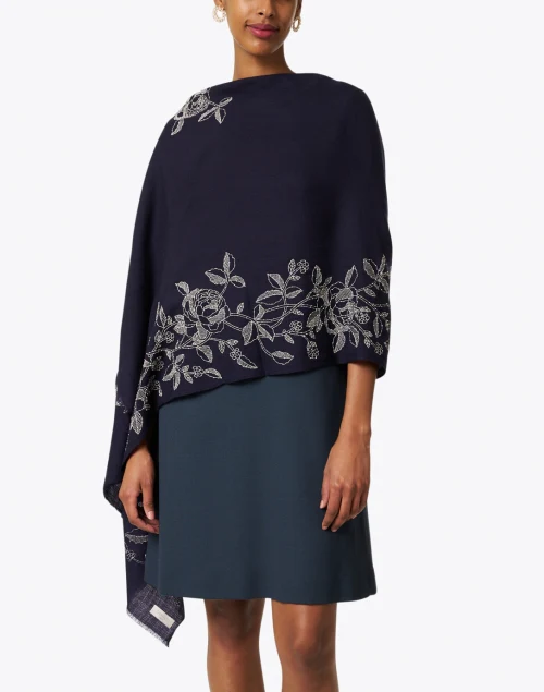 Navy and Silver Floral Embroidered Wool Scarf