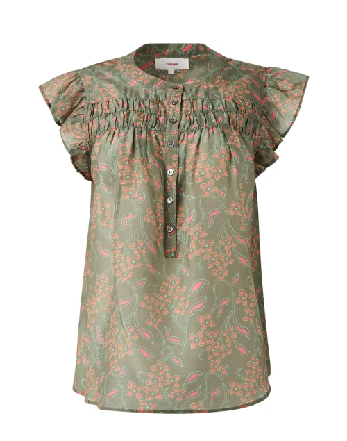 Bria Olive Green Print Cotton Silk Top