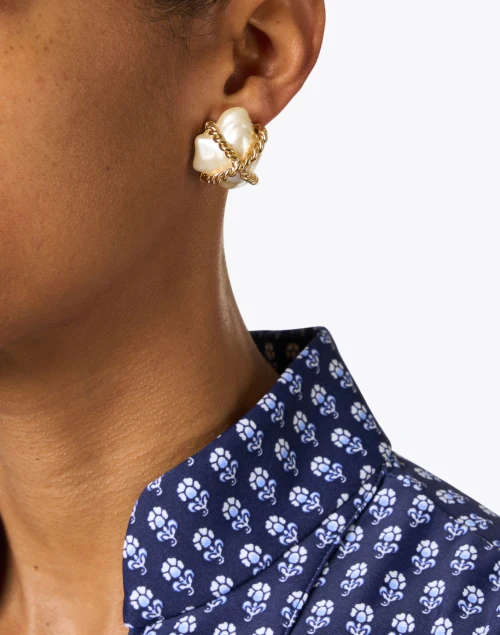 Gold Braided X Pearl Clip Earrings