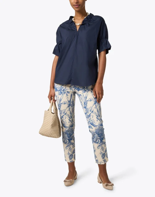 Crosby Navy Ruffled Neck Top