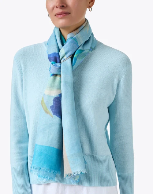 Multi Blue Print Cashmere Silk Scarf