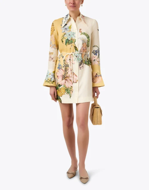 Cream Multi Floral Print Linen Shirt Dress