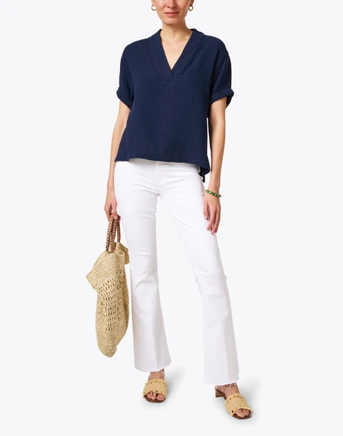 Avery Navy Cotton V-neck Top