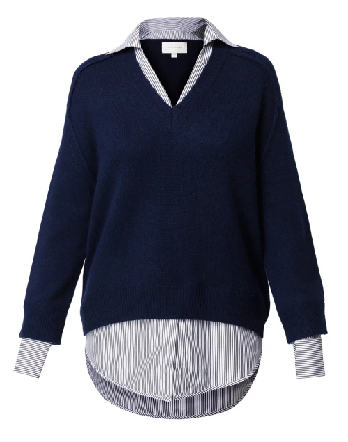 Navy Sweater with Striped Underlayer