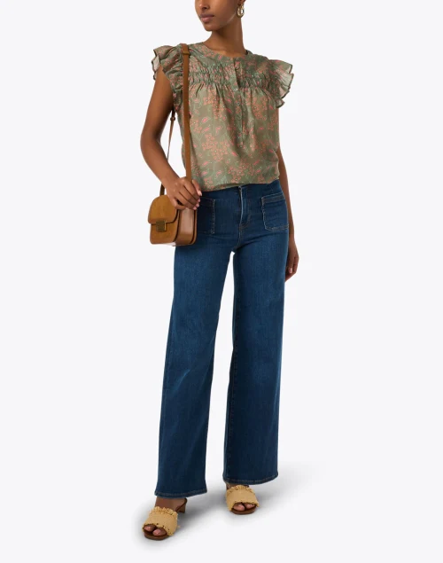 Bria Olive Green Print Cotton Silk Top