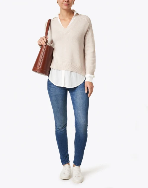 Almond Cashmere Sweater with White Underlayer