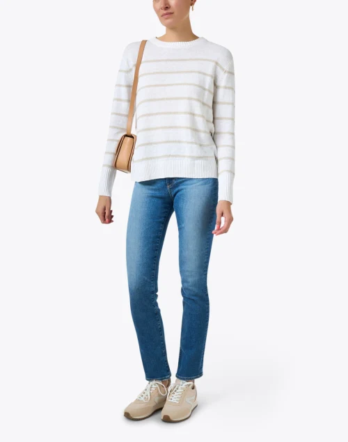 White and Beige Striped Linen Sweater