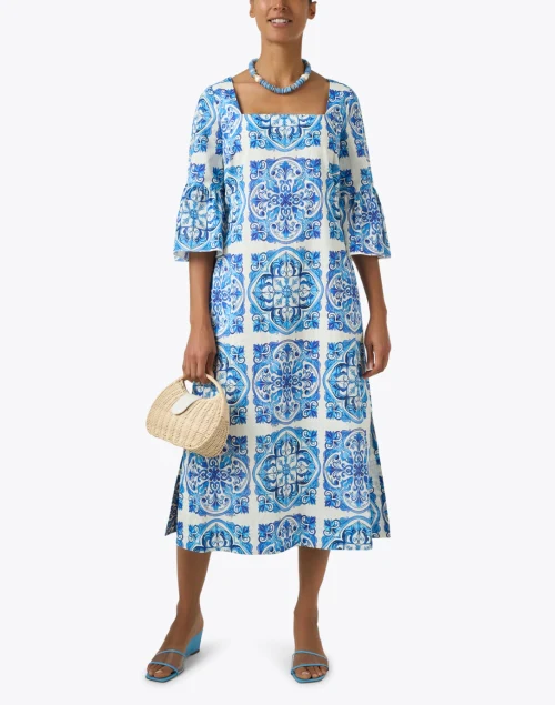 Vivienne Blue Tile Print Linen Dress