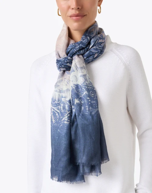 Navy Ombre Print Silk Cashmere Scarf