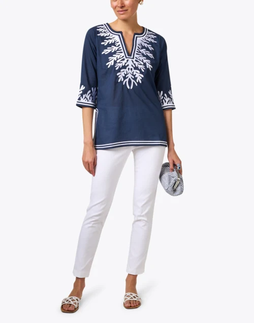 Navy Reef Embroidered Cotton Poplin Tunic