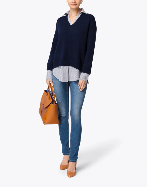 Navy Sweater with Striped Underlayer