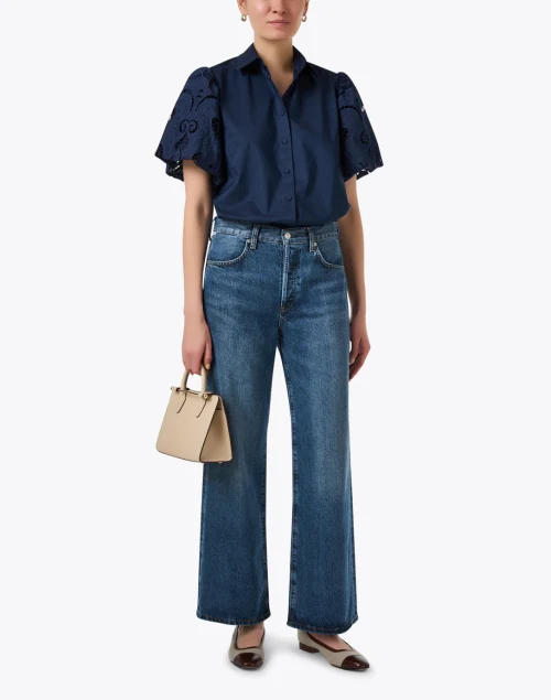 Angeline Navy Eyelet Sleeve Blouse