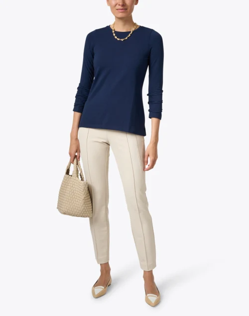 Navy Pima Cotton Ruched Sleeve Tee