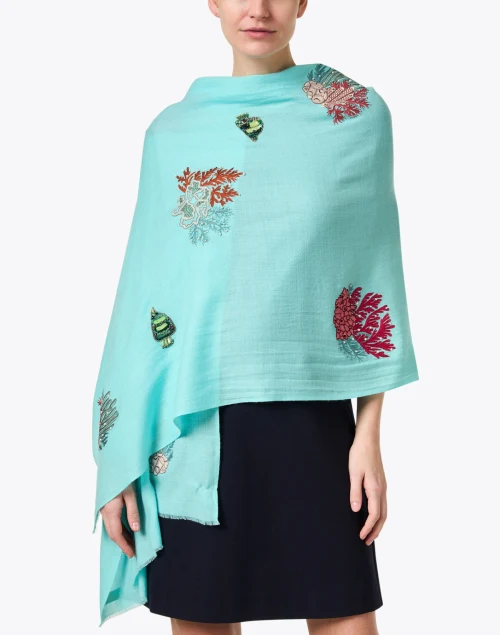Aqua Embroidered Merino Wool Scarf
