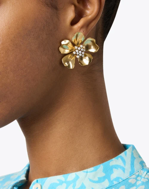 Gold and Pearl Tropical Flower Stud Earrings