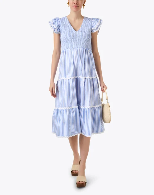 Blue and White Striped Smocked Cotton Dress