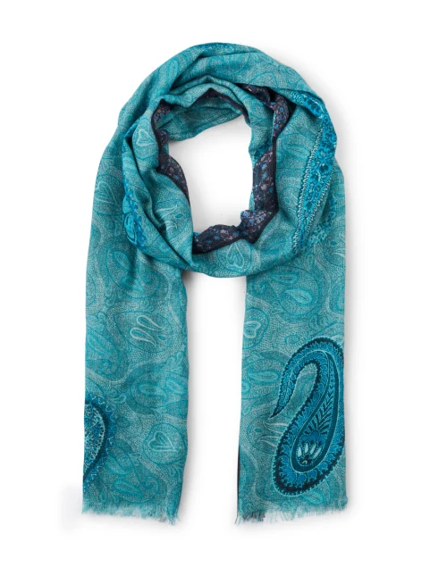Blue Paisley Print Cashmere Silk Scarf