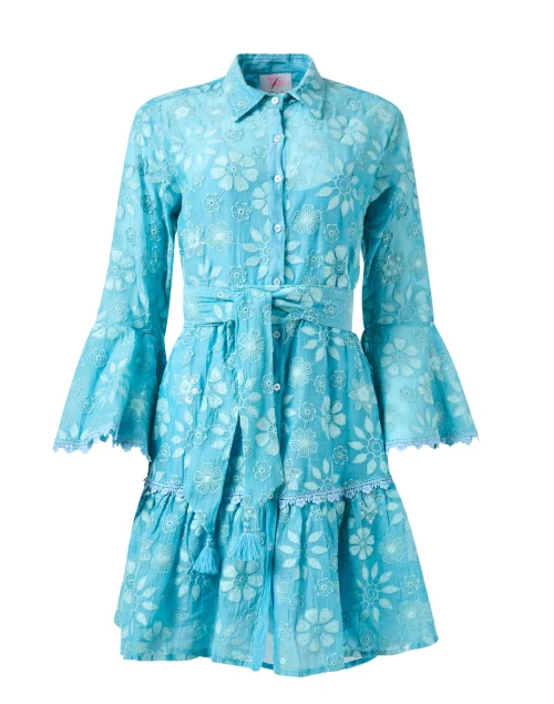 Blue Floral Embroidered Shirt Dress