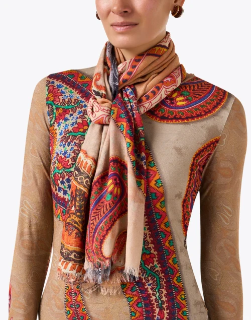 Brown Paisley Print Cashmere Silk Scarf