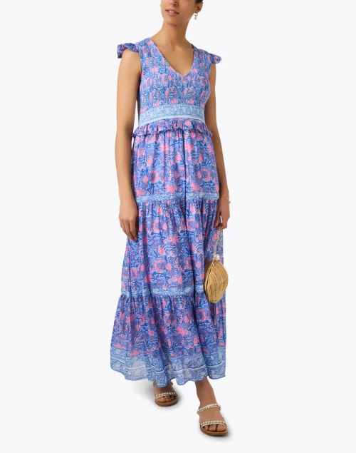 Carly Blue and Pink Floral Print Cotton Silk Dress