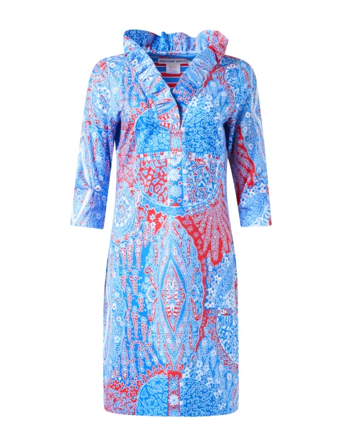 Blue Multi Paisley Print Ruffle Neck Dress