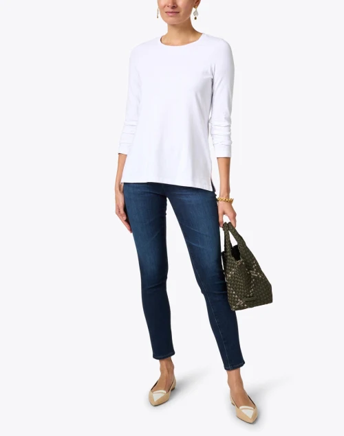 White Pima Cotton Ruched Sleeve Tee