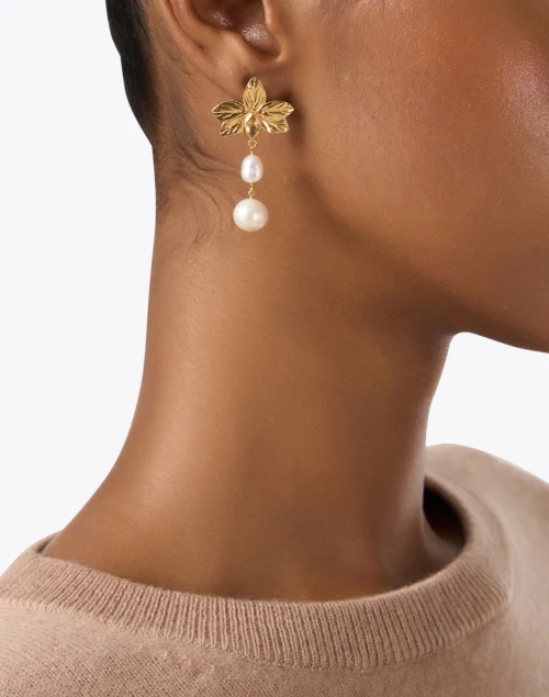 Gold Flower Pearl Drop Earrings
