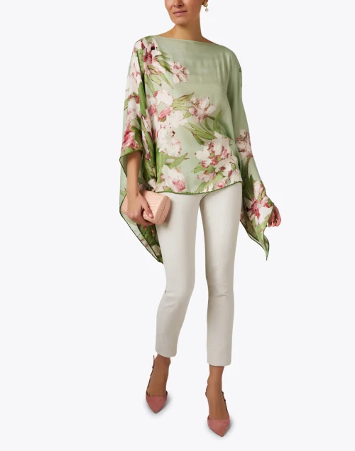 Green Floral Print Cashmere Silk Poncho