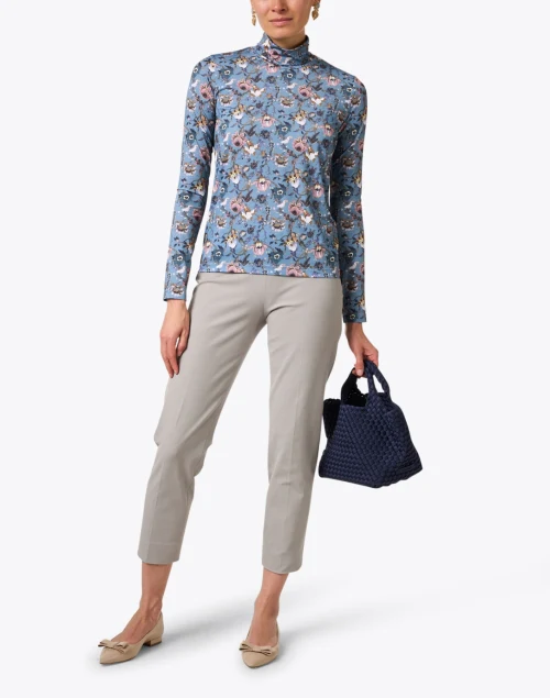 Blue Floral Print Turtleneck Top