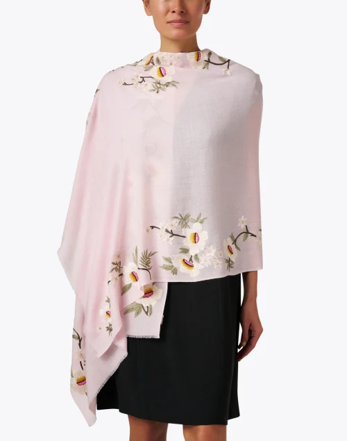 Pink Floral Embroidered Merino Wool Scarf
