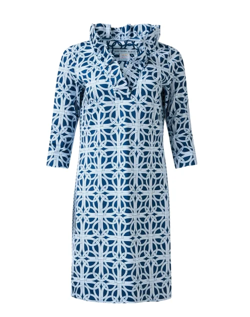 Navy Print Ruffle Neck Dress