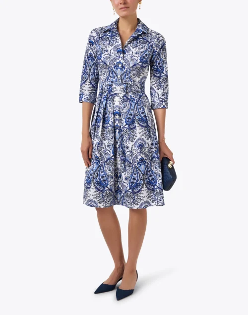 Audrey White and Blue Paisley Print Stretch Cotton Dress