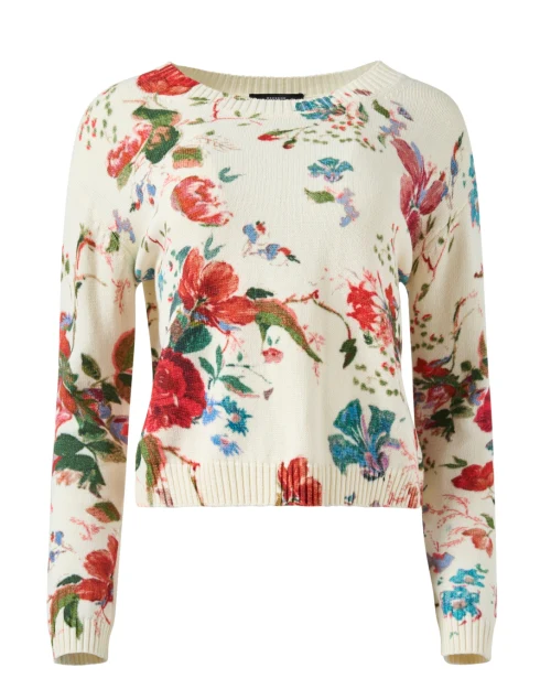 Denis White Floral Print Cotton Sweater
