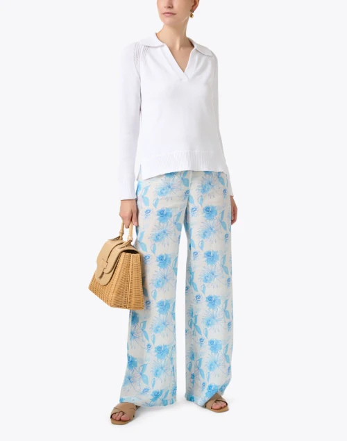 Blue and White Print Wide Leg Linen Pant