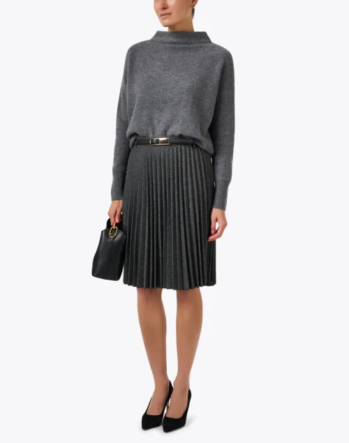 Grey Herringbone Pleated Midi Skirt