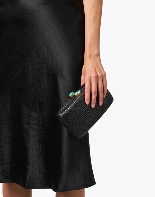 Jen Black Straw Clutch with Turquoise Closure