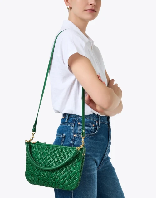Petit Moyen Green Leather Woven Messenger Bag