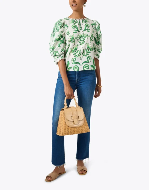 White and Green Print Cotton Blouse